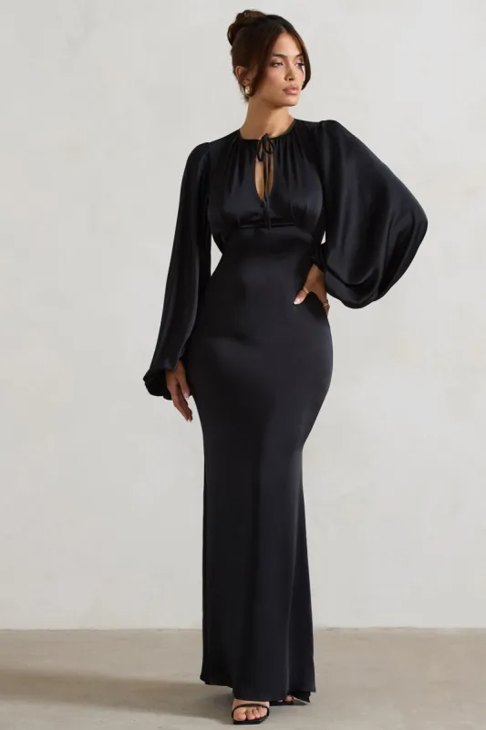 Wild Rose | Black Satin Puff-Sleeve Cut-Out Maxi Dress sold by Club L London