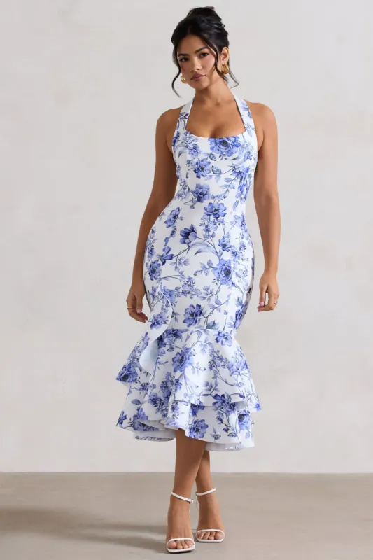 Arla | Blue Floral Halter-Neck Ruffle Trim Midi Dress sold by Club L London