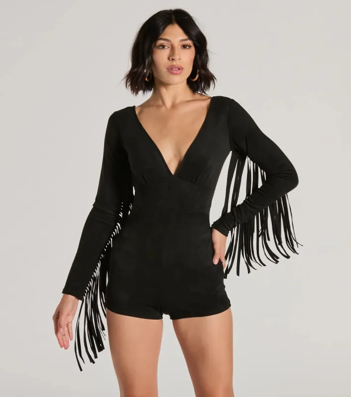 Country Babe Long Sleeve Fringe Faux Suede Romper sold by Windsor