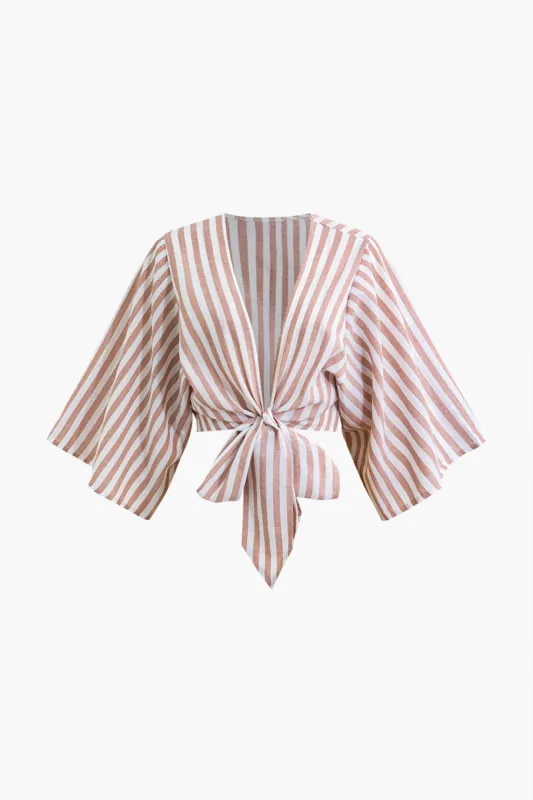 Striped Knot Deep V-Neck Crop Short Sleeve Shirt sold by Micas