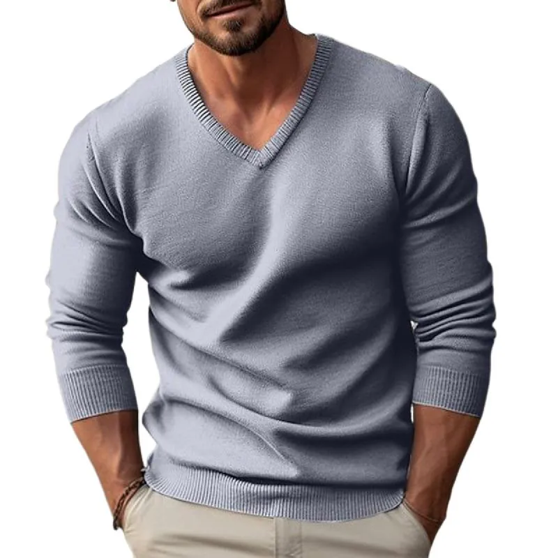 Men's solid color V-neck long-sleeved knitted pullover sweater 59954732X sold by Manly