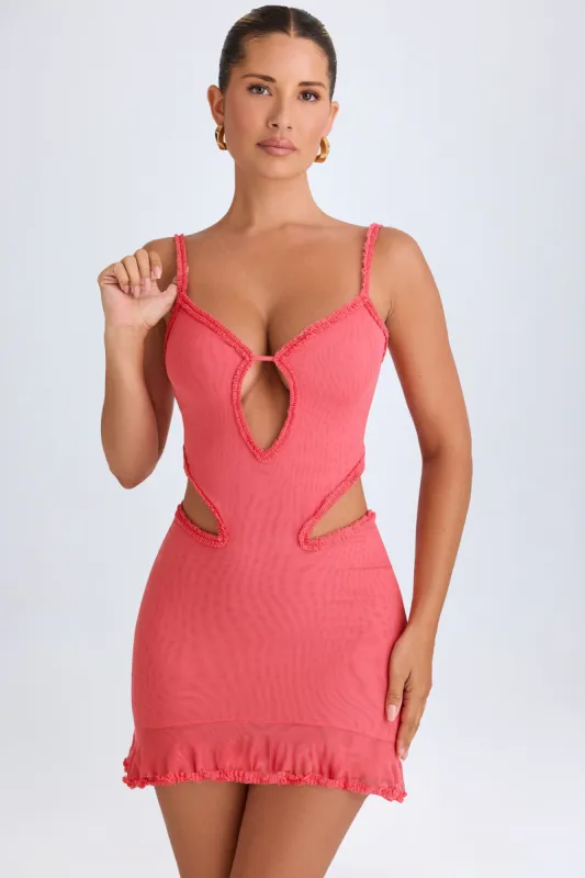 Ruffle-Appliqué Cut-Out Mini Dress in Coral sold by Oh Polly
