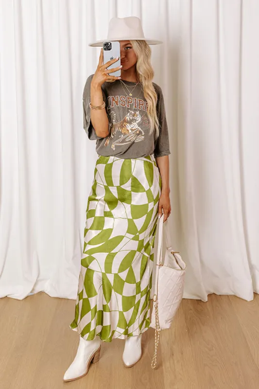 Versailles Vogue High Waist Satin Midi Skirt in Olive sold by Impressions