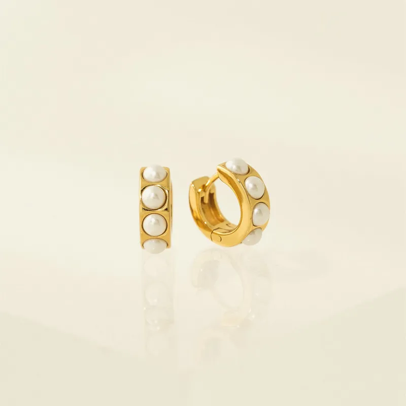 Gold Pearl Chunky Huggie Hoop Earrings sold by Silver Lotus