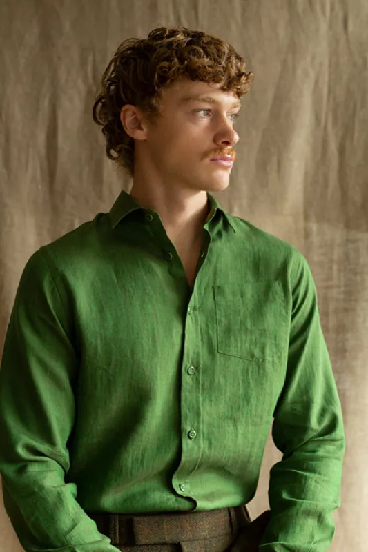 シャツ GREEN AND MULTICOLOR LINEN SHIRT mid-green-striped-linen-