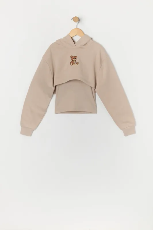 Ensemble avec haut court à capuchon et débardeur avec motif brodé Teddy pour fille sold by Urban Planet