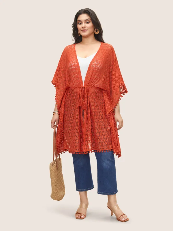Solid Texture Tassels Drawstring Pompom Trim Cover Up sold by Bloomchic