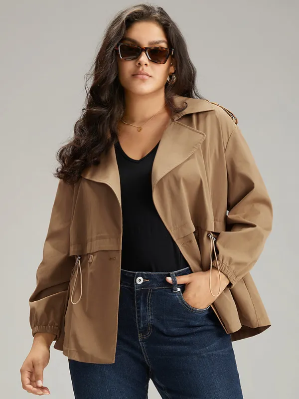 Solid Lapel Collar Drawstring Button Detail Coat sold by Bloomchic