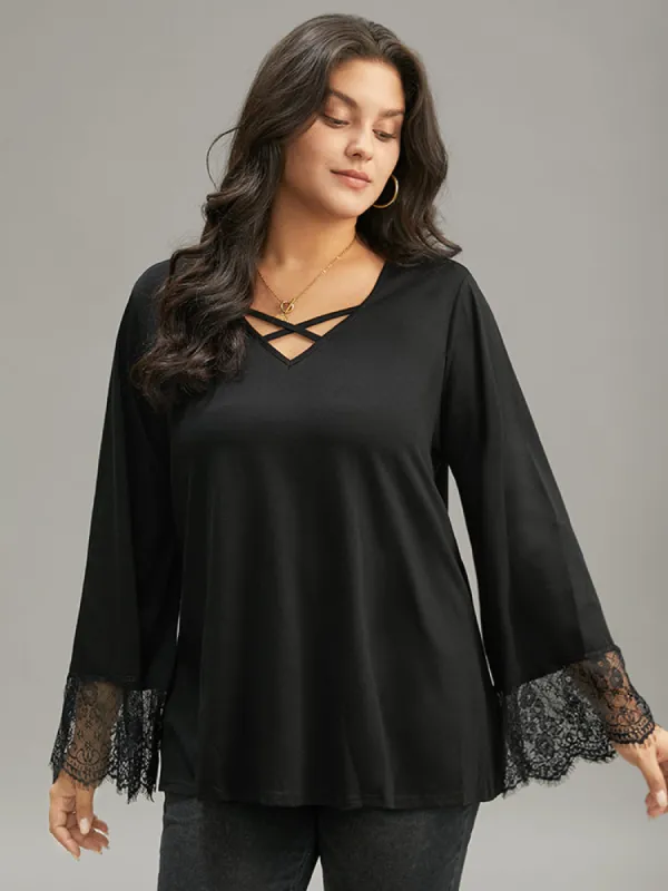 Guipure Lace Crisscross Flutter Sleeve T-shirt sold by Bloomchic
