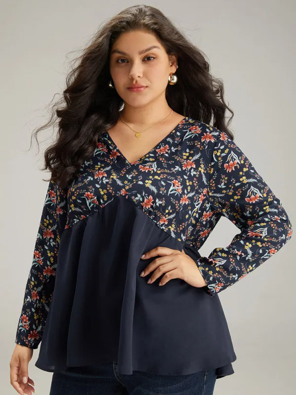 Floral Print Patchwork Pleated Blouse sold by Bloomchic
