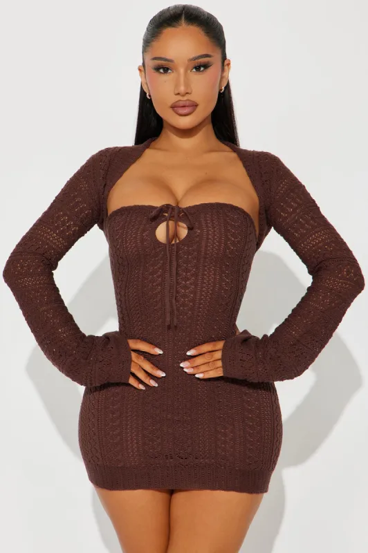 Leonie Crochet Micro Mini Dress Set - Chocolate sold by Fashion Nova