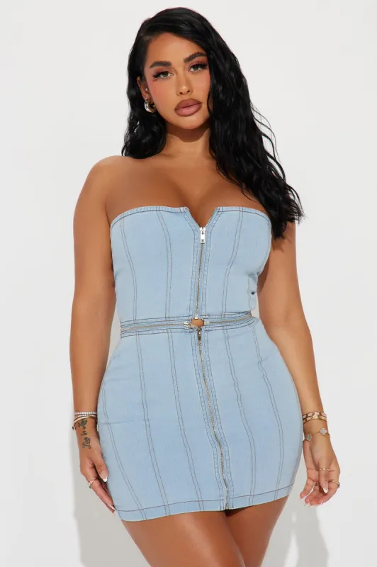 Nyla Denim Multi-Wear Micro Mini Dress - Light Wash sold by Fashion Nova
