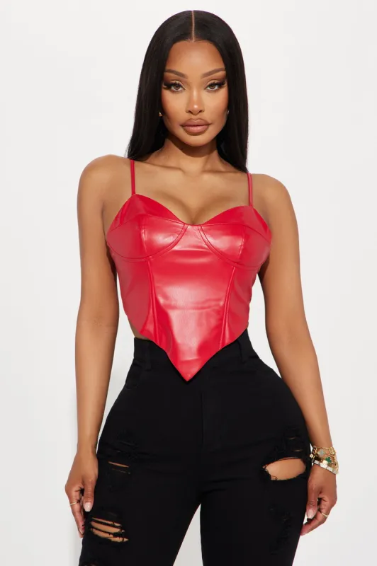 GNO Faux Leather Corset Top - Red sold by Fashion Nova