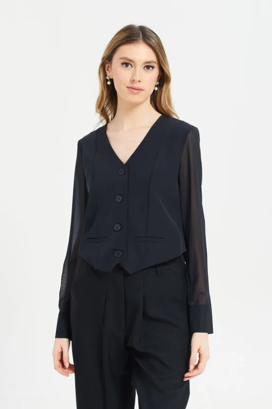 Women Black Button Front Waistcoat sold by Redtag