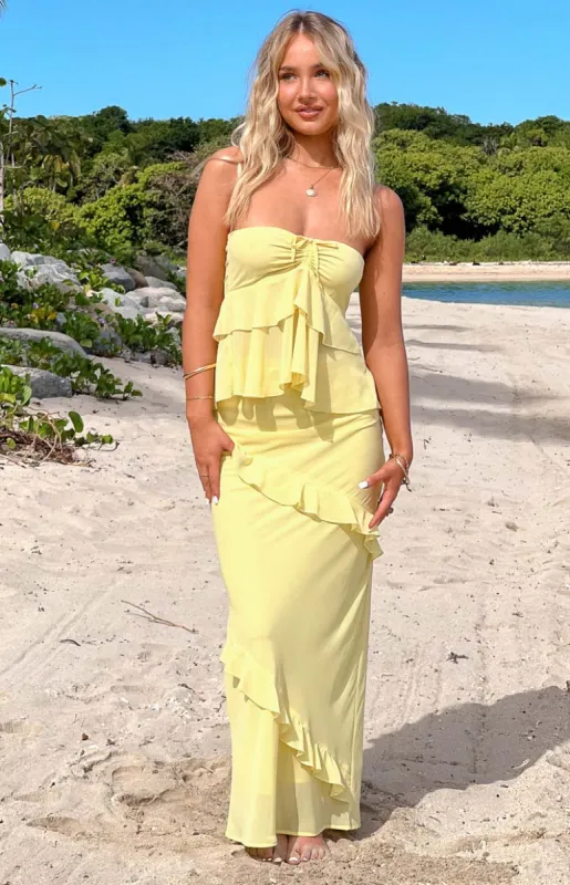Raleigh Yellow Ruffle Maxi Skirt sold by Beginning Boutique