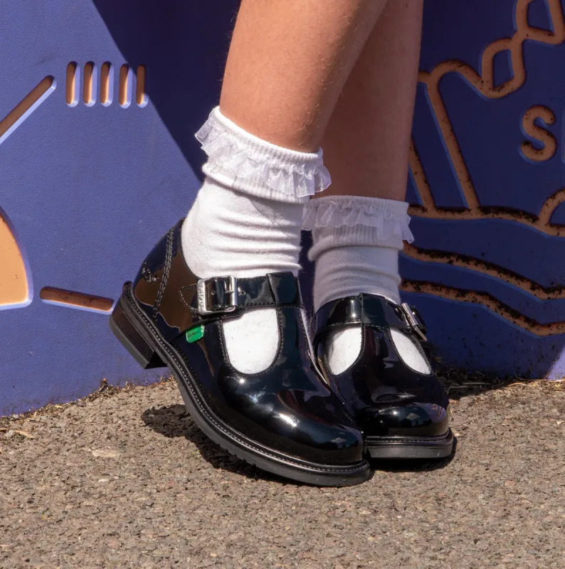 Kickers 116228 LACH T-BAR Girls School Shoes Black Patent sold by Shuperb
