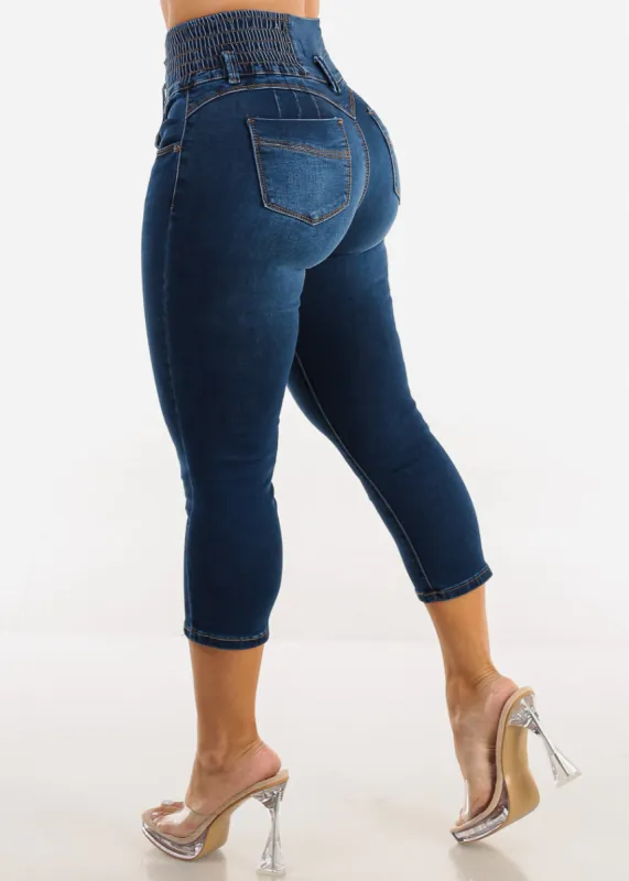 MX JEANS Stretchy High Rise Spandex Waist Dark Denim Capris sold by Moda