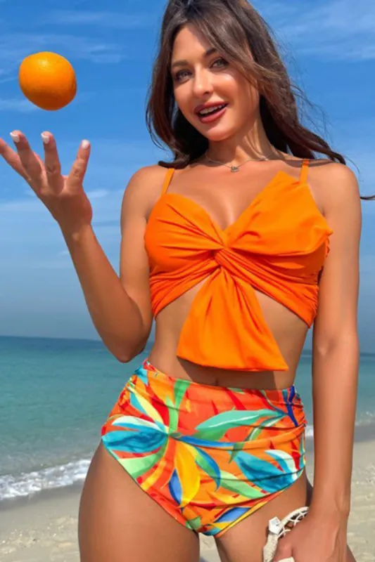Orange Beach Vacation Tropical Plant Print Front Knot Bikini Set sold by Zapaka