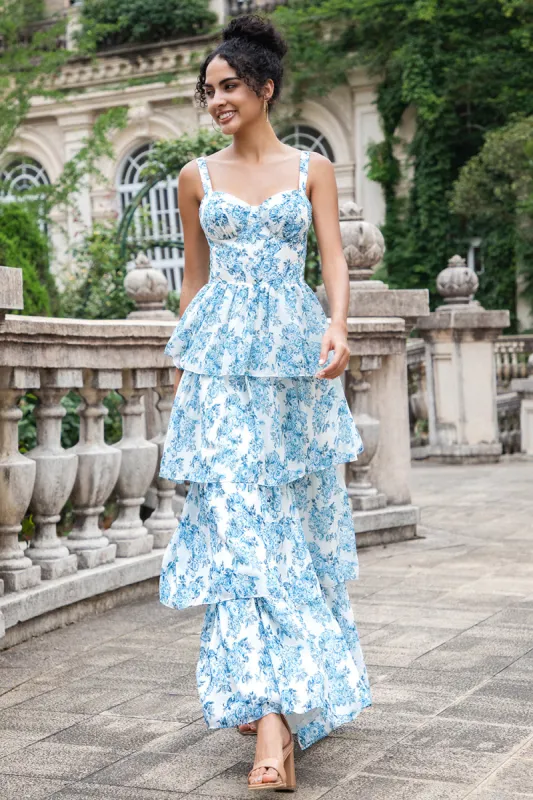 White Blue A Line Corset Tiered Floral Long Wedding Party Guest Dress sold by Zapaka