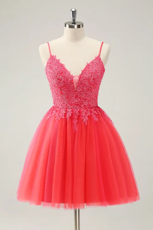 Cute Hot Pink A Line Spaghetti Straps Short Homecoming Dress with Appliques sold by Zapaka