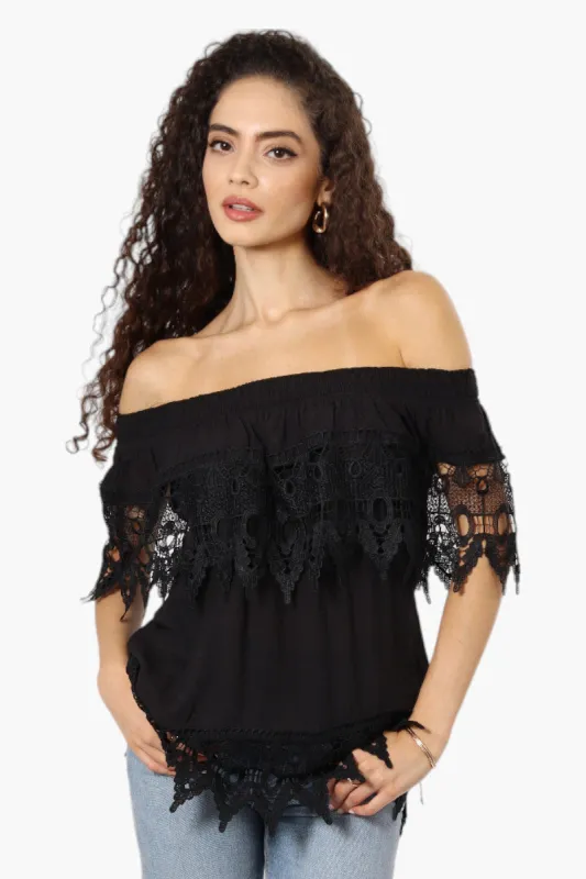 International INC Company Off Shoulder Crochet Detail Blouse - Black sold by Fairweather