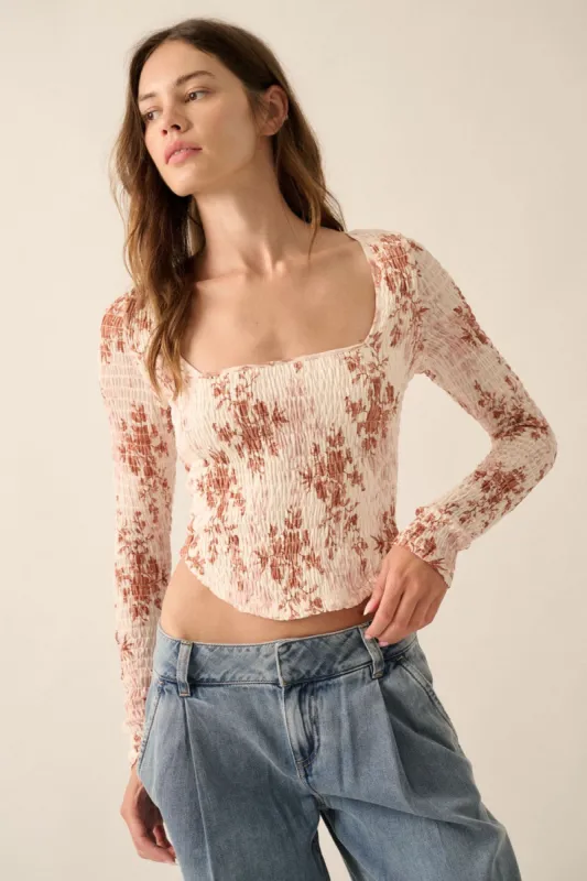 Cream Floral Scoop-Neck Ruched Woven Top sold by Pinkblush