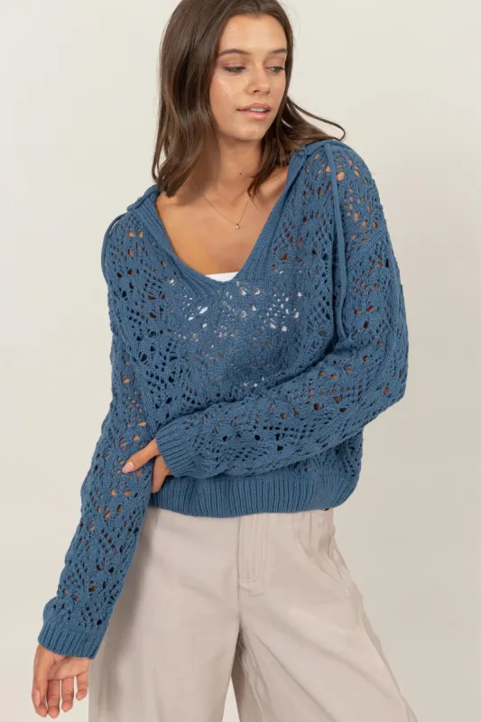 Teal Open-Stitch Hoodie Crochet Sweater sold by Pinkblush