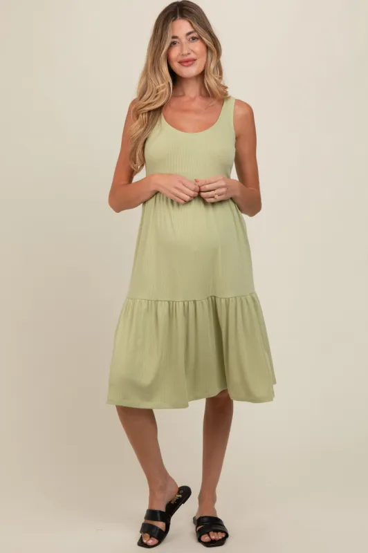Light Olive Tiered Sleeveless Maternity Midi Dress sold by Pinkblush