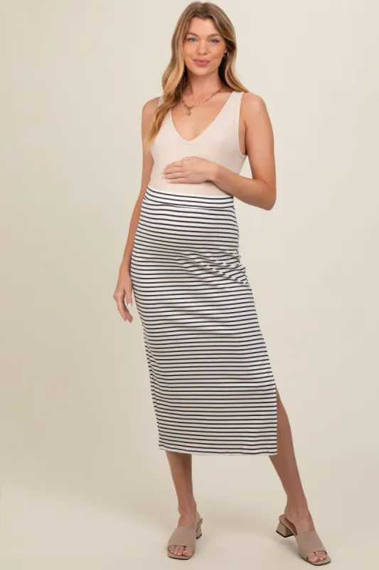 White Striped Fitted Side Slit Maternity Maxi Skirt sold by Pinkblush