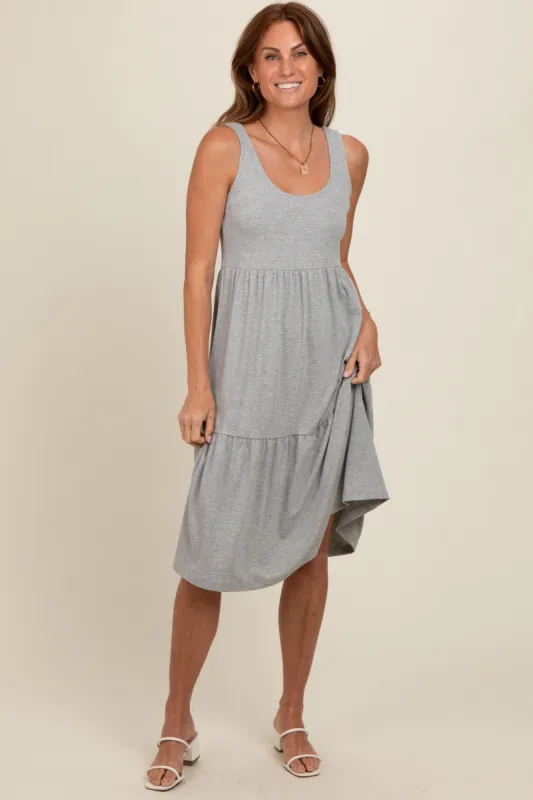 Heather Grey Tiered Sleeveless Midi Dress sold by Pinkblush