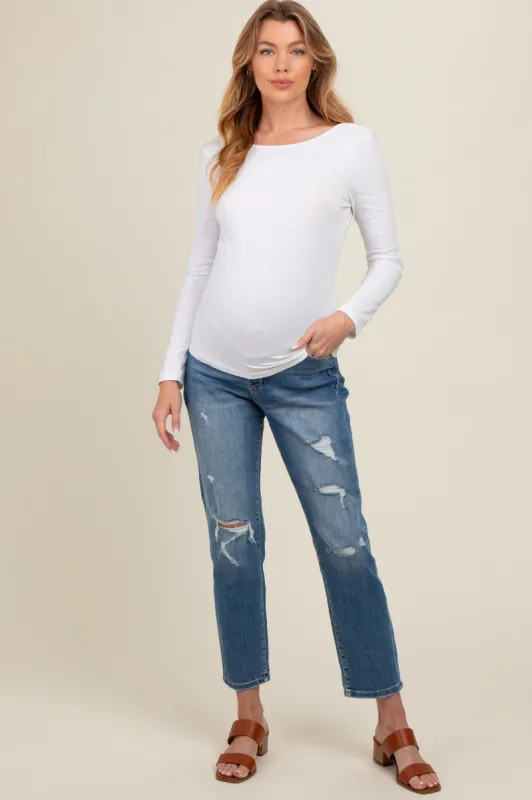 Blue Distressed Open Knee Cropped Straight Leg Maternity Jeans sold by Pinkblush