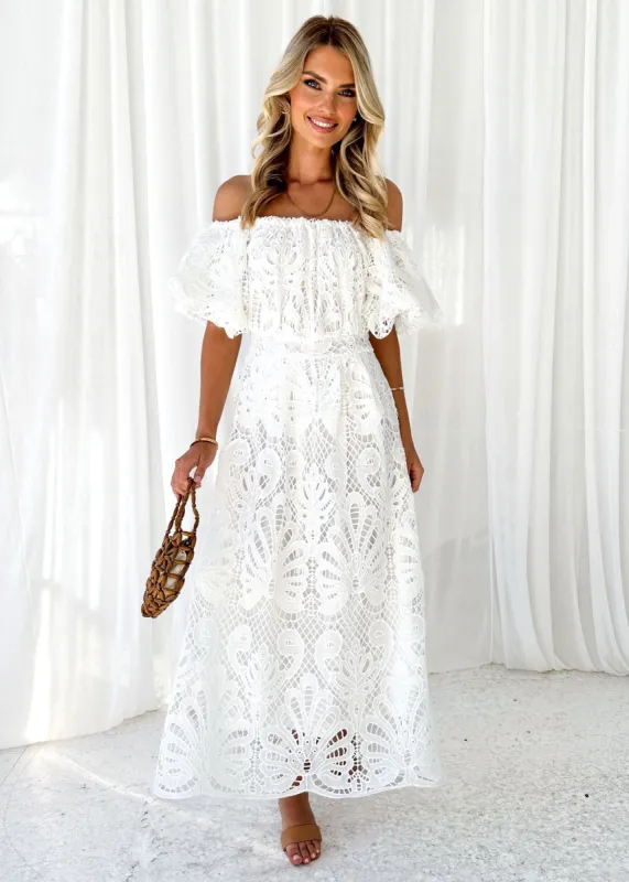 Olanah Off Shoulder Midi Dress - Off White sold by Gingham & Heels