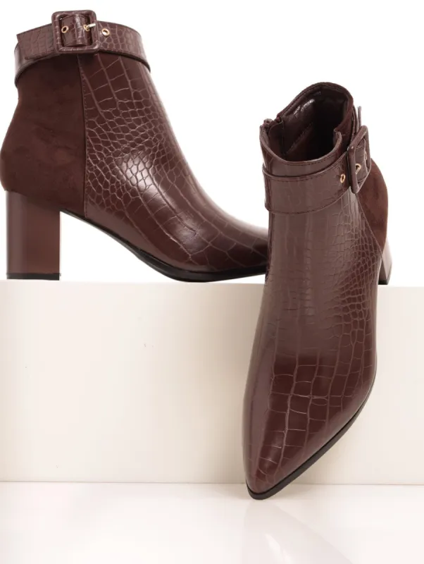 Ladies Big Buckle High Ankle Boot On Low Block Heel - Chocolate sold by Edgars