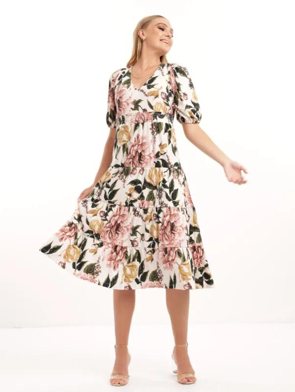 Ladies Volume Sleeve Tiered Maxi Dress - Floral sold by Edgars