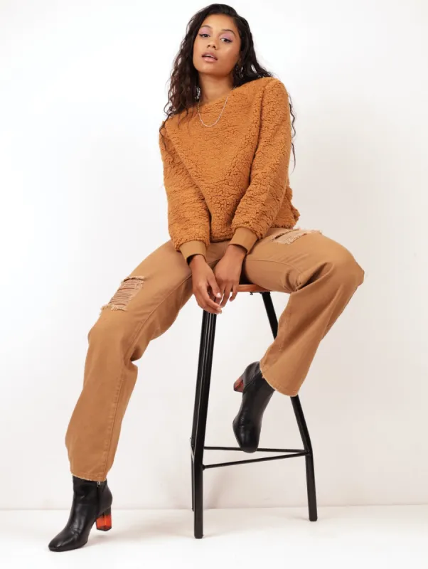 Ladies Teddy Fleece Crew Pullover - Tan sold by Edgars