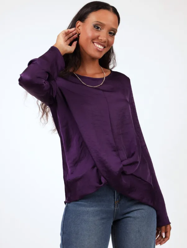Ladies Long Sleeve Twist Hem Sating Blouse - Purple sold by Edgars