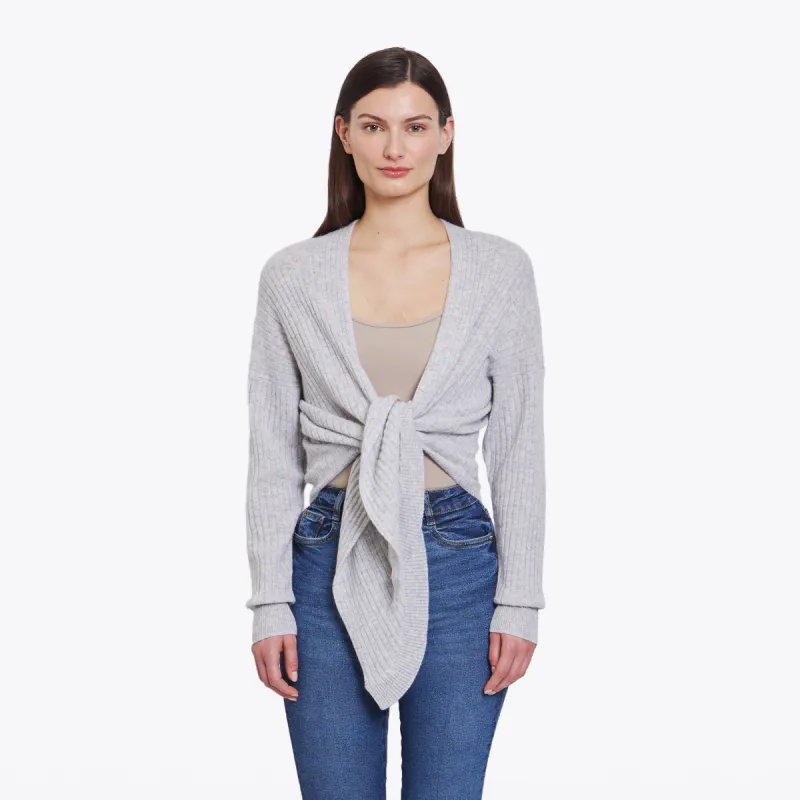 Tie Front Rib Cardigan in Cinderblock sold by Autumn Cashmere