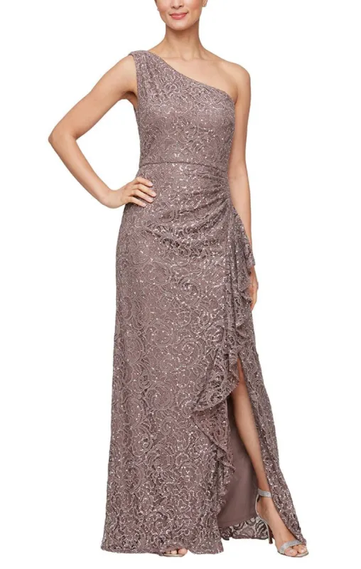 Regular - Long One Shoulder Lace Dress with Cascade Ruffle Detail sold by Alex Evenings