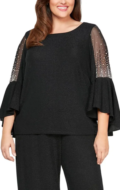 Plus 3/4 Sleeve Blouse With Beaded Illusion Detail and Cascade Bell Sleeves sold by Alex Evenings