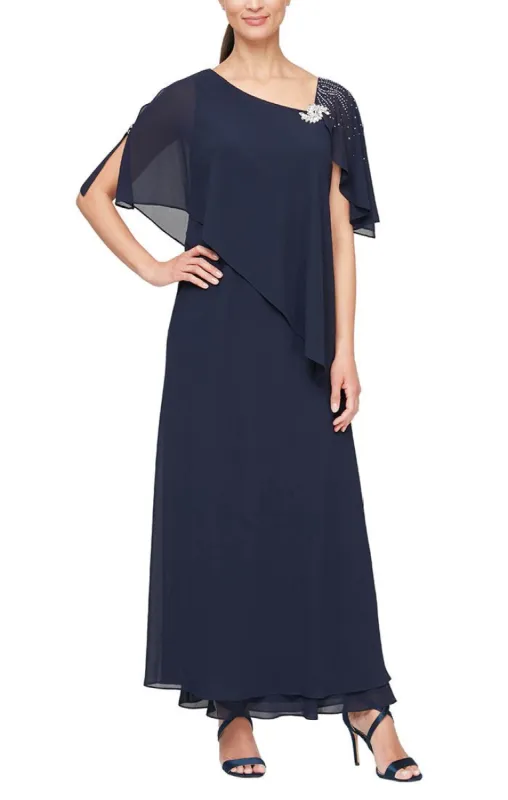 *Asymmetric Overlay Chiffon Gown with L-Shaped Neckline sold by Alex Evenings