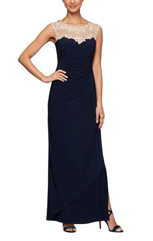 Regular - Crepe Side Ruched Dress with Sweetheart Embroidered Lace Illusion Neckline sold by Alex Evenings