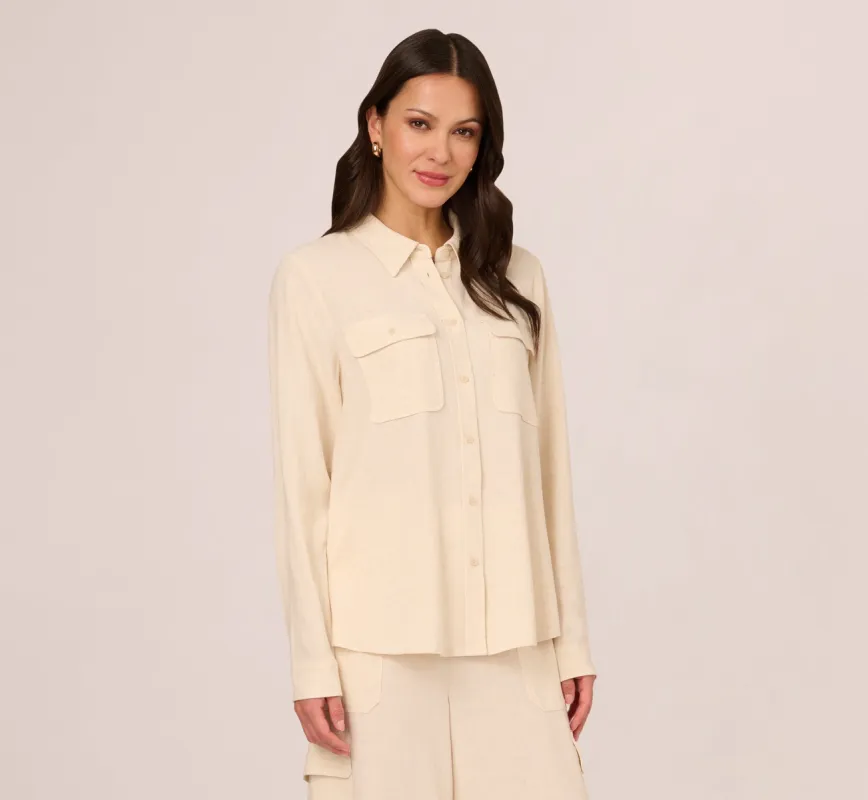 Button Up Utility Top With Pockets In Barley sold by Adrianna Papell