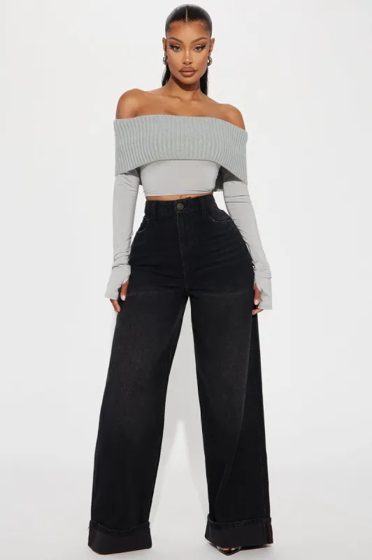 Anika Cuffed Wide Leg Jeans - Black Wash sold by Fashion Nova