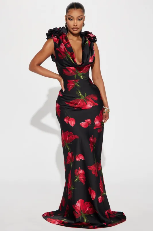 Positano Cowl Neck Floral Satin Maxi Dress - Black/combo sold by Fashion Nova