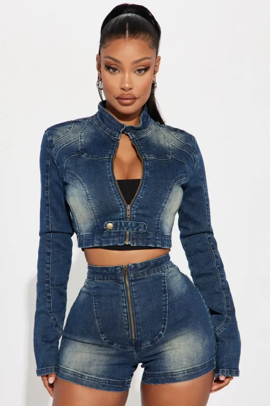 Make It Happen Moto Denim Jacket - Dark Wash sold by Fashion Nova
