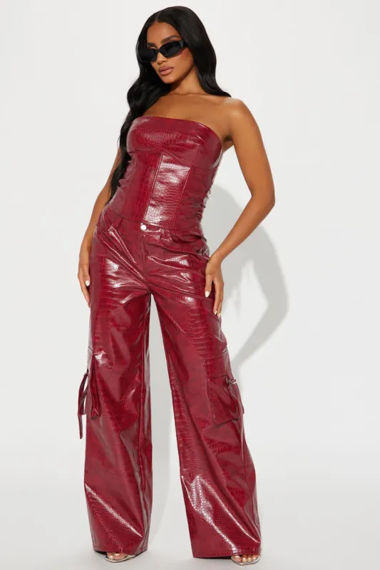 Sara Faux Croc Pant Set - DarkRed sold by Fashion Nova