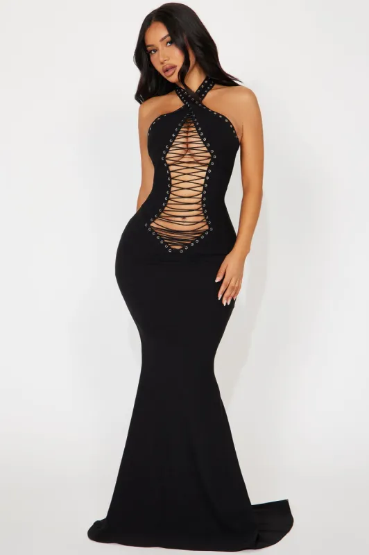 Too Hot Lace Up Maxi Dress - Black | Parallel