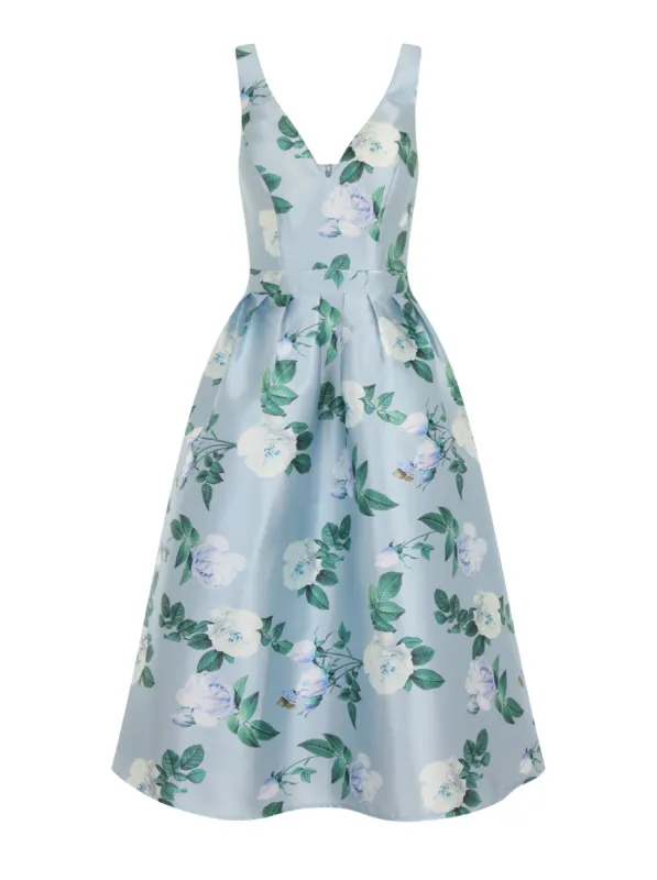 V Neck Floral Print Midi Dress in Grey sold by Chi Chi London