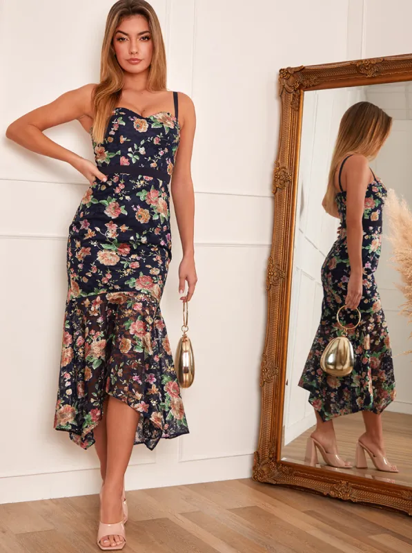 Cami Strap Floral Lace Bodycon Ruffle Hem Dress in Navy sold by Chi Chi London
