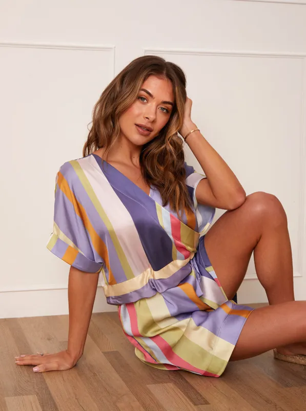 V Neck Stripe Print Tie Front Playsuit in Blue sold by Chi Chi London